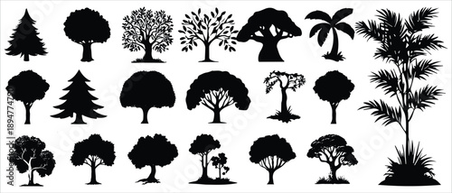 Black tree silhouettes featuring forest and nature shapes for landscape, environmental and graphic design projects.