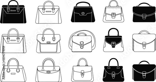 Women handbag silhouettes collection, elegant purse and shoulder bag designs, fashion accessories set, luxury leather styles, minimalist black and white vector illustration