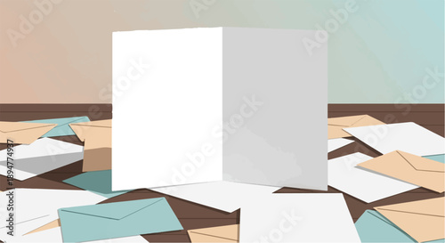 A blank card stands open amidst a messy pile of envelopes and papers