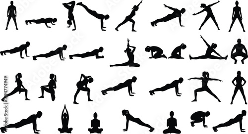 Yoga and fitness silhouette vector collection, men and women exercising poses, stretching strength balance workout routines, healthy lifestyle illustration isolated