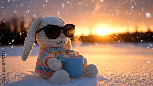 Stuffed rabbit wearing sunglasses enjoying drink outdoors during sunset