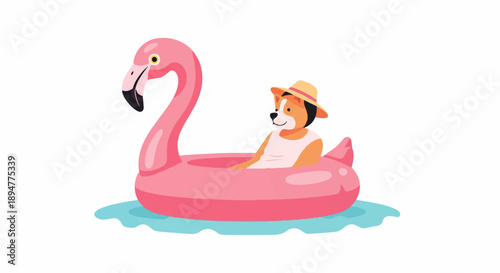 A dog wearing a hat enjoys a ride on a pink flamingo float