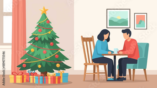 A festive scene with a decorated Christmas tree and presents, and a couple sharing a drink at a table