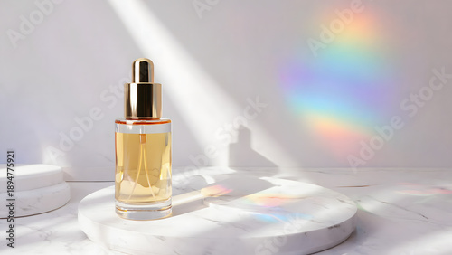 Luxurious perfume bottle on marble pedestal with rainbow reflection.