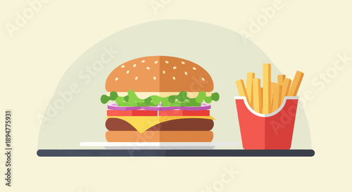 A flat design illustration of a classic hamburger and a side of french fries