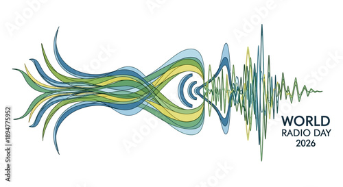 Illustration of radio waves and sound waves in blue, green, and yellow hues, celebrating World Radio Day 2026 with a dynamic waveform design on a white background.