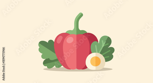 A flat design of a red bell pepper with greens and a sliced egg