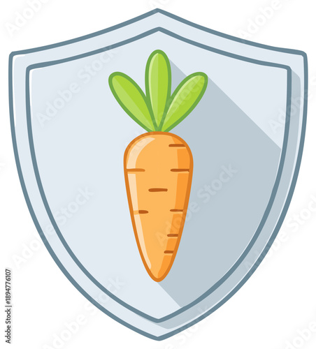 Vibrant cartoon carrot protected within a shield emblem symbolizing health vegan vegetarian food safety