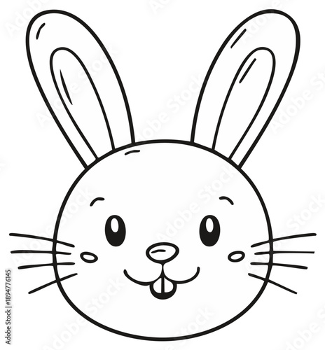 Cute stylized bunny rabbit face black and white line drawing illustration with big ears and buck teeth