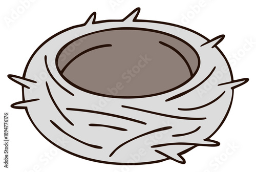 Cartoon style bird's nest with stylized spikes, empty and ready for eggs.