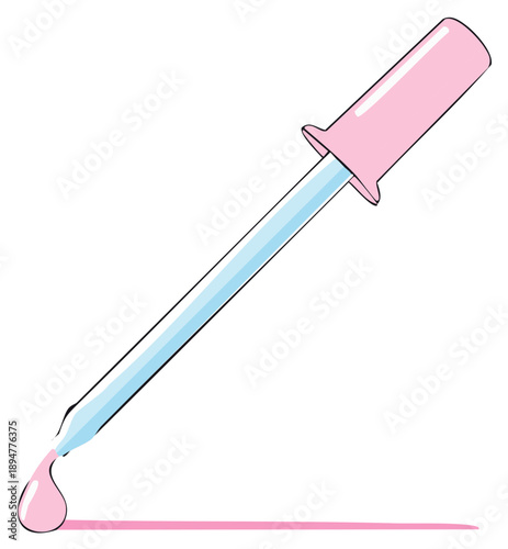 Vector illustration of a glass pipette dispensing a single drop of pink liquid serum or medicine