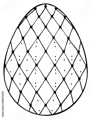 Hand drawn ornamental Easter egg with a geometric diamond pattern, black and white line art for coloring
