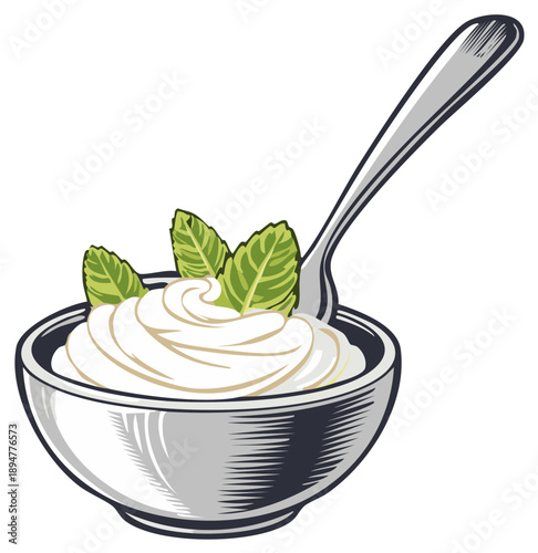 Creamy Dessert in Bowl with Spoon and Mint Garnishes Still Life Illustration
