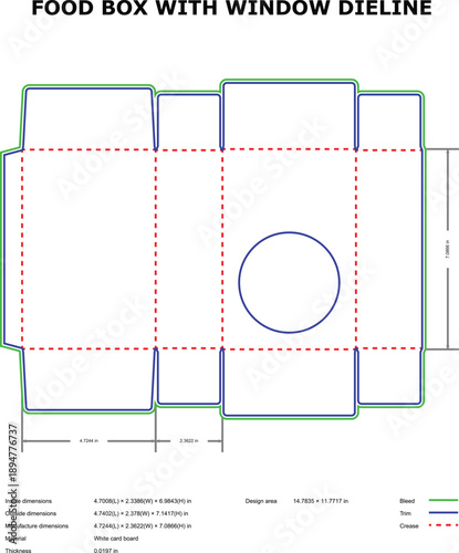 A technical diagram of a food box with a window die line
