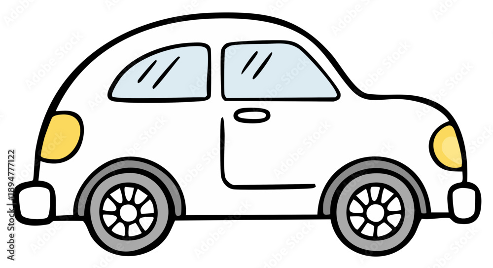 Fototapeta premium Simple white cartoon car hand drawn illustration with rounded classic shape cute doodle vector art