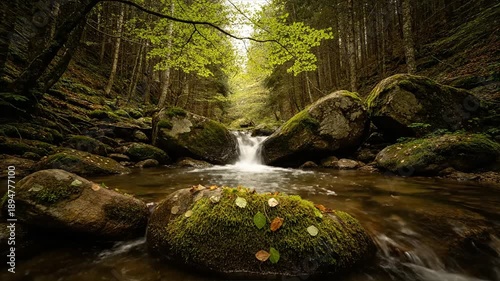 Tranquil forest stream flowing through moss covered rocks and vegetation