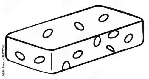 Cartoon drawing of cheese slice with holes, graphic illustration of dairy product in black and white