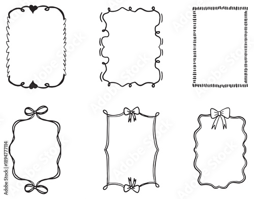 Doodle hand drawn coquette frames wavy lines, bows and ribbons. Trendy vintage whimsical borders for wedding invitations, birthday card, prints. Vector illustration