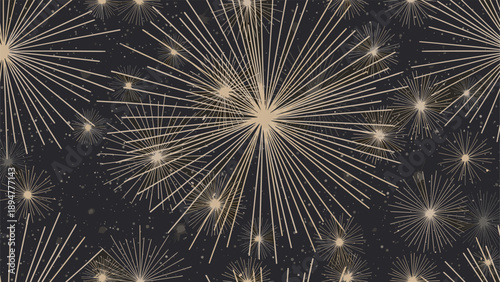 Seamless pattern featuring golden starburst shapes resembling dandelions or fireworks on a dark charcoal gray background.