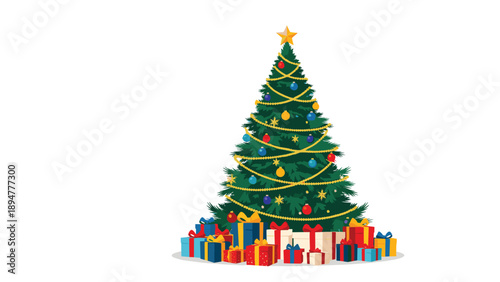 Fully decorated green Christmas tree with a gold star topper and many colorful gift boxes piled at the tree base.