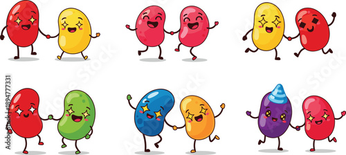 Cute cartoon jelly beans dancing together with happy expressions, colorful candy characters illustration perfect for kids party vector design concept