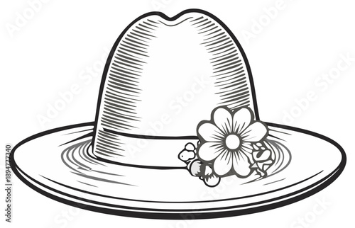 Elegant wide brim hat adorned with a delicate flower and leaves