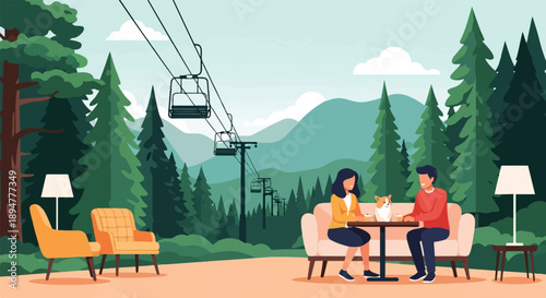 A couple and dog enjoy drinks at a mountain cafe with ski lifts overhead