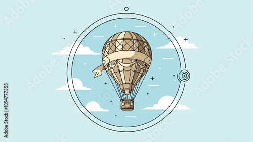 Detailed vintage hot air balloon with ropes and a basket enclosed within a circular frame on a light blue background.