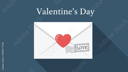White envelope with a red heart seal and a postage stamp with the word love for Valentine's Day celebration message.