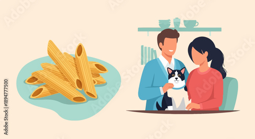 A couple and their cat at a table with a plate of pasta