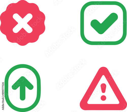A set of four icons representing warning confirmation and directional symbols