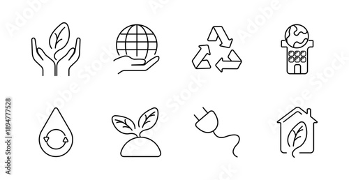 Ecology and sustainability set icon. Hands with leaf, globe, recycle symbol, eco building, water drop, sprout, electric plug, green house