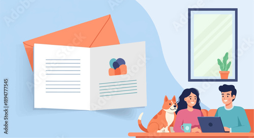 A couple and their dog enjoy a cozy evening at home, with a letter