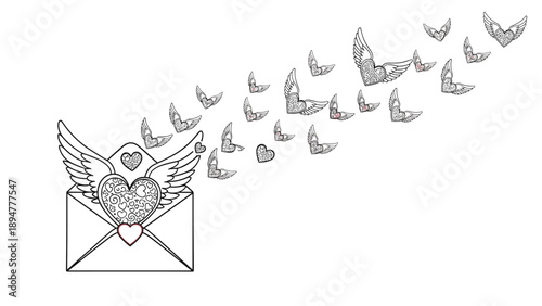 Open envelope releasing a large swarm of winged hearts flying away in a diagonal line against a plain white background.