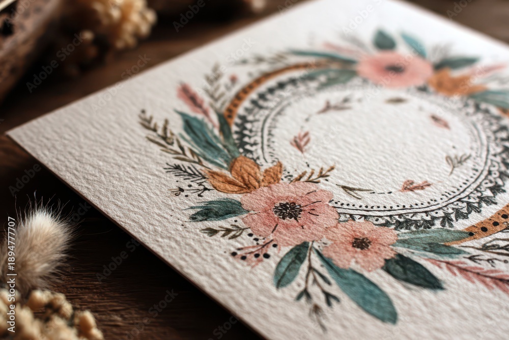 Fototapeta premium Hand-painted Boho Wedding Invitation on Kraft Paper with Watercolor Florals and Feathers