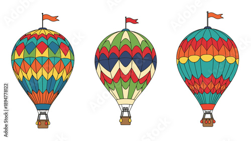 Three decorative hot air balloons with intricate colorful patterns and flags floating against a white background.