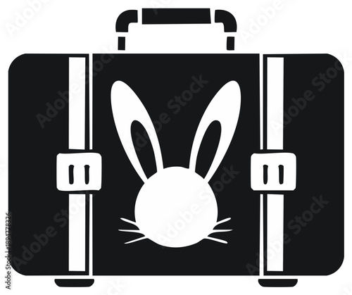 Isolated Black Briefcase with Bunny for Easter Holiday, White Details