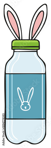 Cartoon glass bottle with bunny ears on lid and bunny icon on label