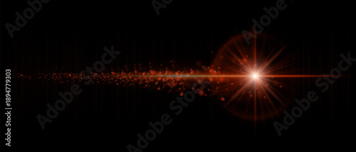 Dynamic optical flare with scattered glowing particles and strong luminous beam. Suitable for cinematic overlays, futuristic lighting, and motion graphics.