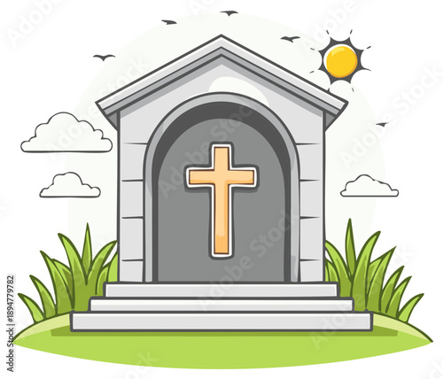 Christian tomb with cross and sunny sky, symbolizing faith and remembrance in a peaceful setting.