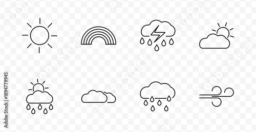 Weather forecast set icon. Sun, rainbow, storm cloud, sun behind cloud, rain, double cloud, drizzle, wind in meteorology line style.