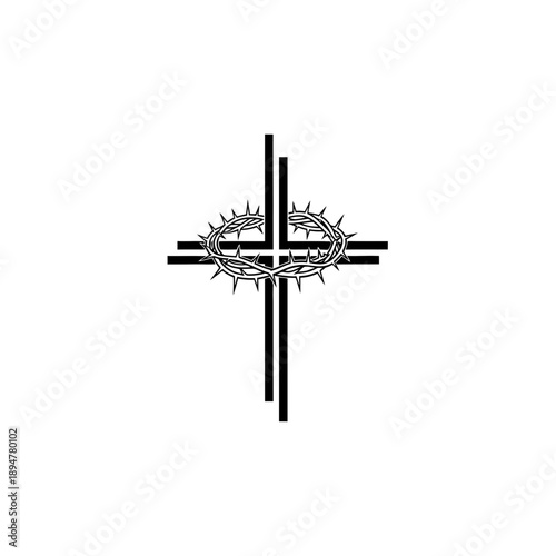 Crown of thorns on cross, vector illustration. Religious sign of humility and sacrifice. Easter and good friday symbol