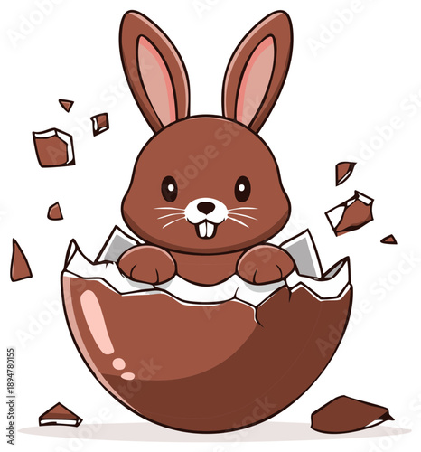 Cartoon chocolate bunny emerging from a cracked chocolate egg for Easter celebration, with broken pieces around it, symbolizing holiday cheer.