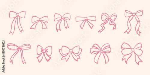 Delicate hand drawn ribbon bows sketches in soft pink lines. Cute doodle elements ideal for invitations, greeting cards, gift wrap, decorations and romantic designs