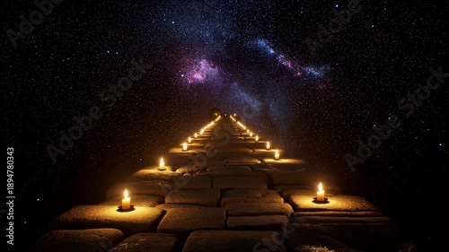 Ethereal pathway illuminated by candles leading into a starry galaxy. A journey of exploration and wonder through the cosmos
