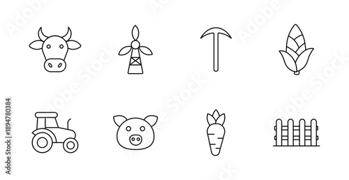 Farming set icon. Cow head, windmill, pickaxe, corn, tractor, pig head, carrot, wooden fence drawn with bold lines and minimal rural design in simple layout.