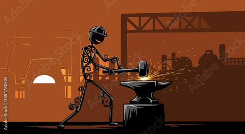 Robot blacksmith working at an anvil with sparks flying.