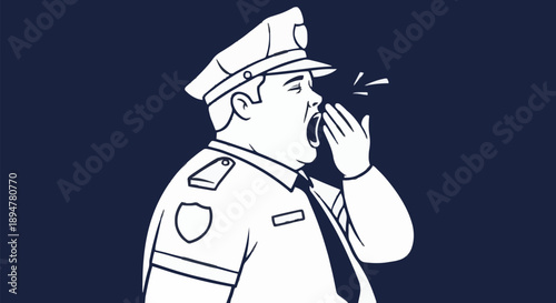 Police officer yawning tiredly during shift.