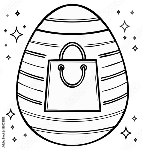 Black and white graphic of an Easter egg with a shopping bag icon and sparkles