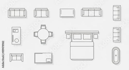 Collection of top down furniture icons for interior design planning.